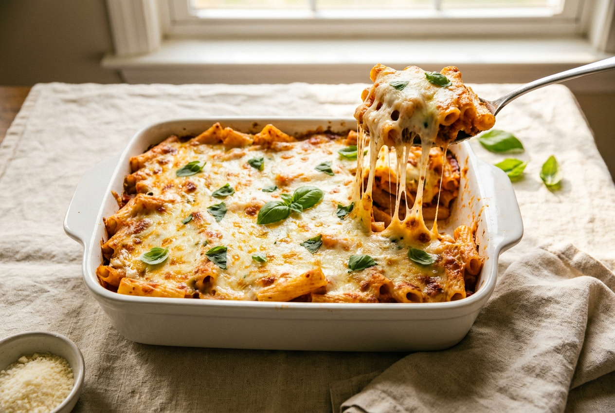 Baked ziti with golden bubbly cheese top