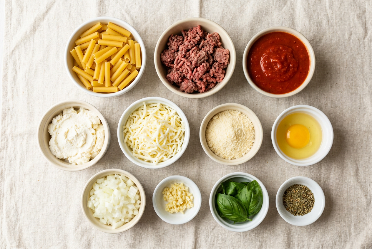 Ingredients for baked ziti portioned into small bowls: ziti, ground beef, marinara, ricotta, mozzarella, parmesan, onion, garlic and basil