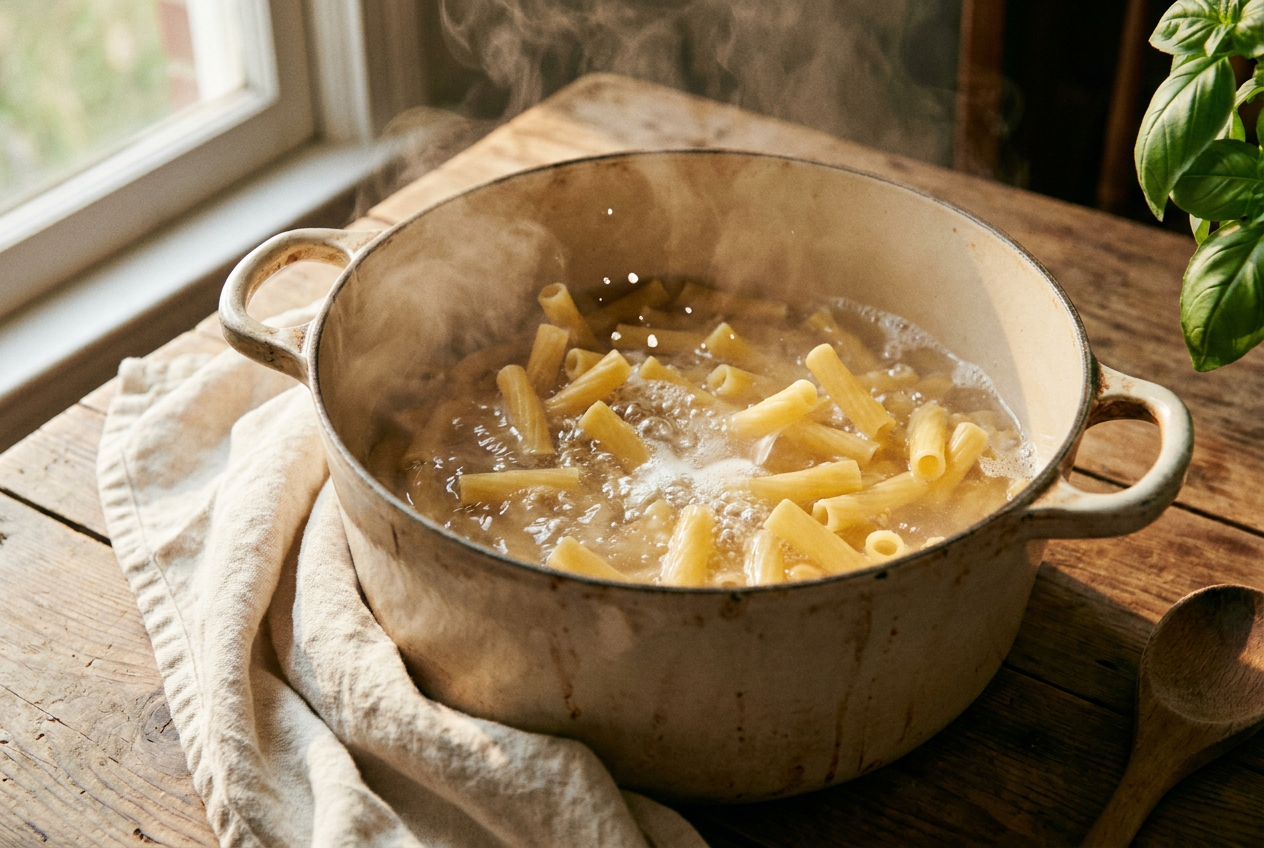 Ziti pasta boiling in a large pot of water