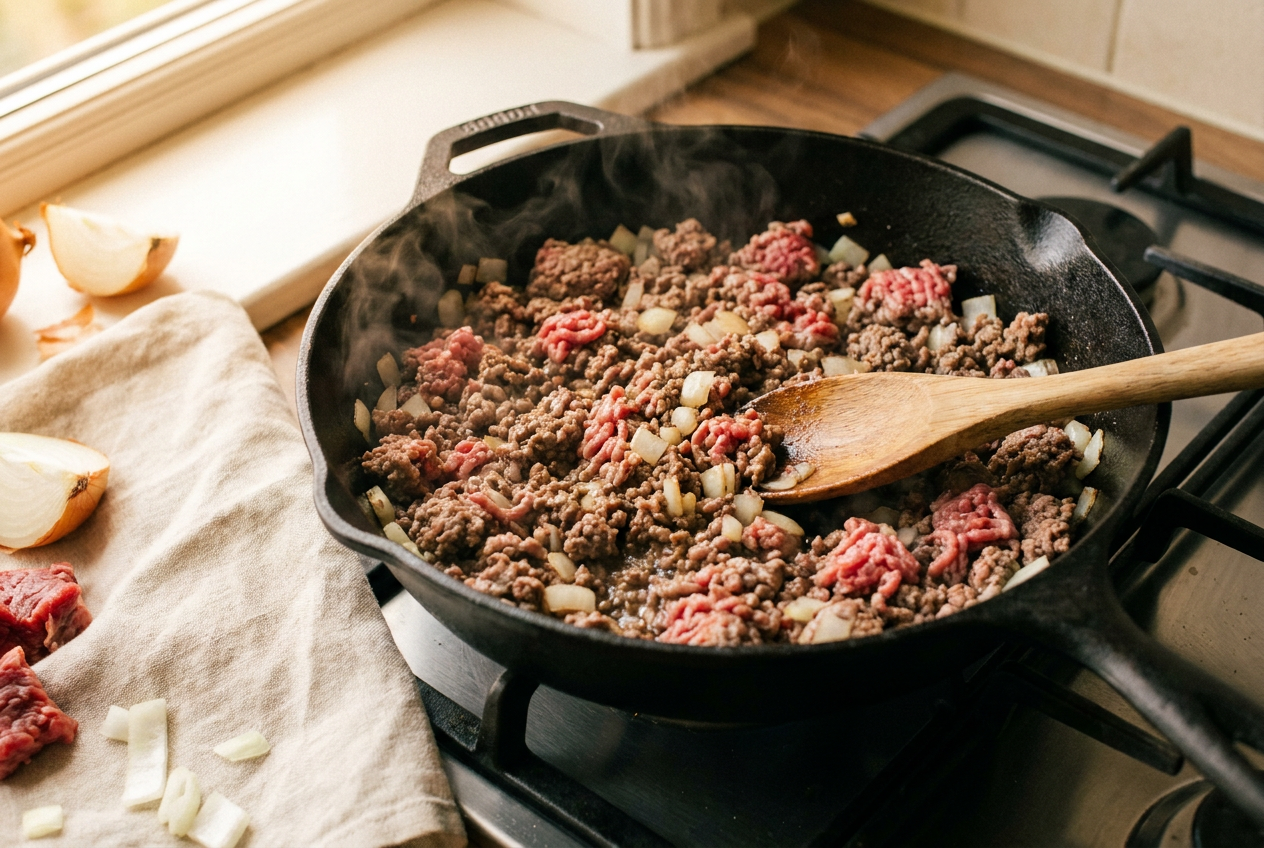 Ground beef and diced onion browning in a skillet with a wooden spoon