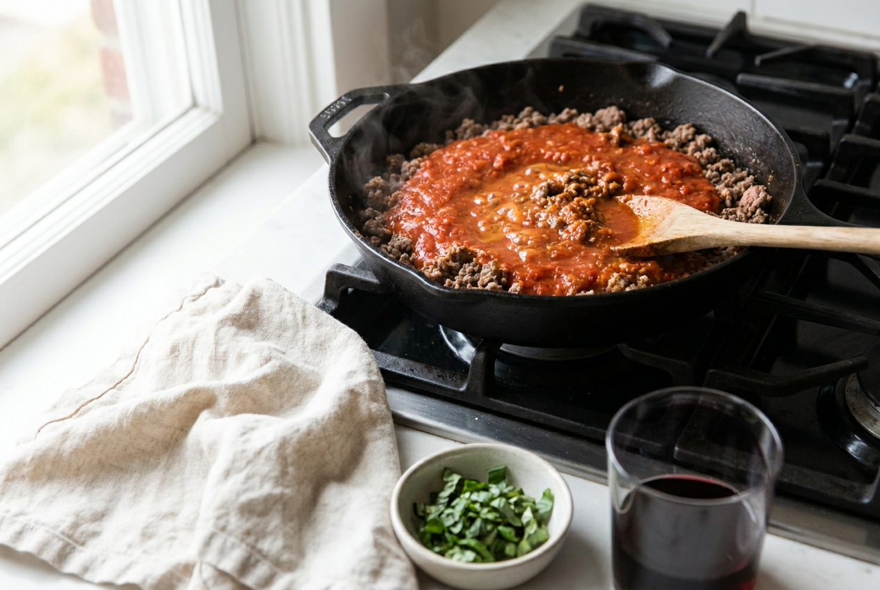 Marinara sauce simmering into browned beef in a skillet