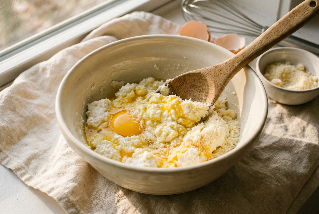 Ricotta, egg and grated parmesan being stirred together in a bowl