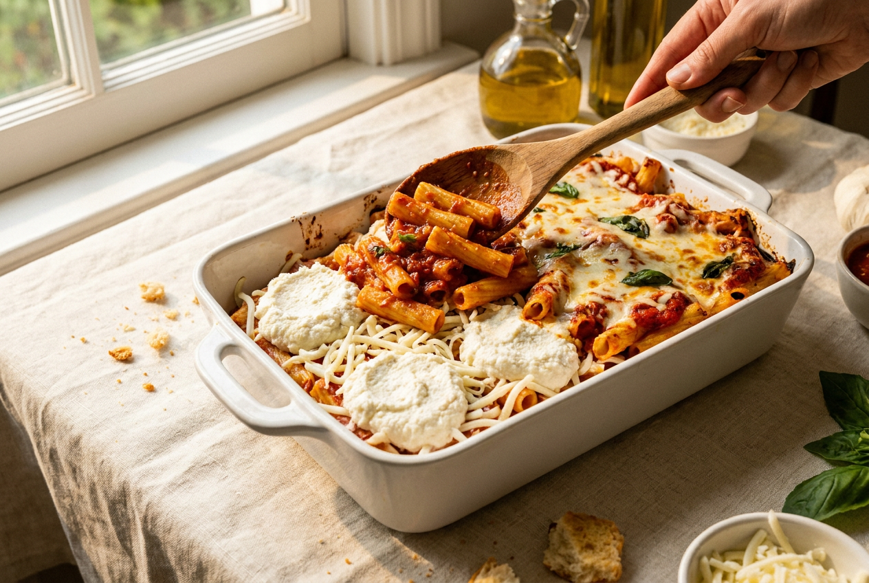 Baked ziti being layered in a baking dish with saucy pasta, ricotta dollops and shredded mozzarella