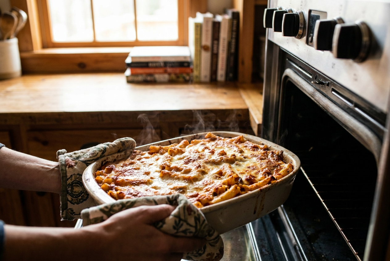 Baked ziti coming out of the oven with golden browned bubbly mozzarella top