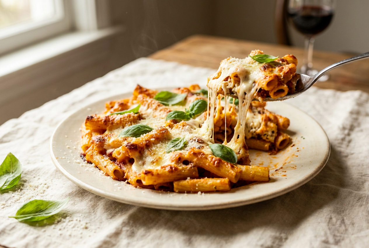Serving of baked ziti on a plate with a cheese pull and fresh basil