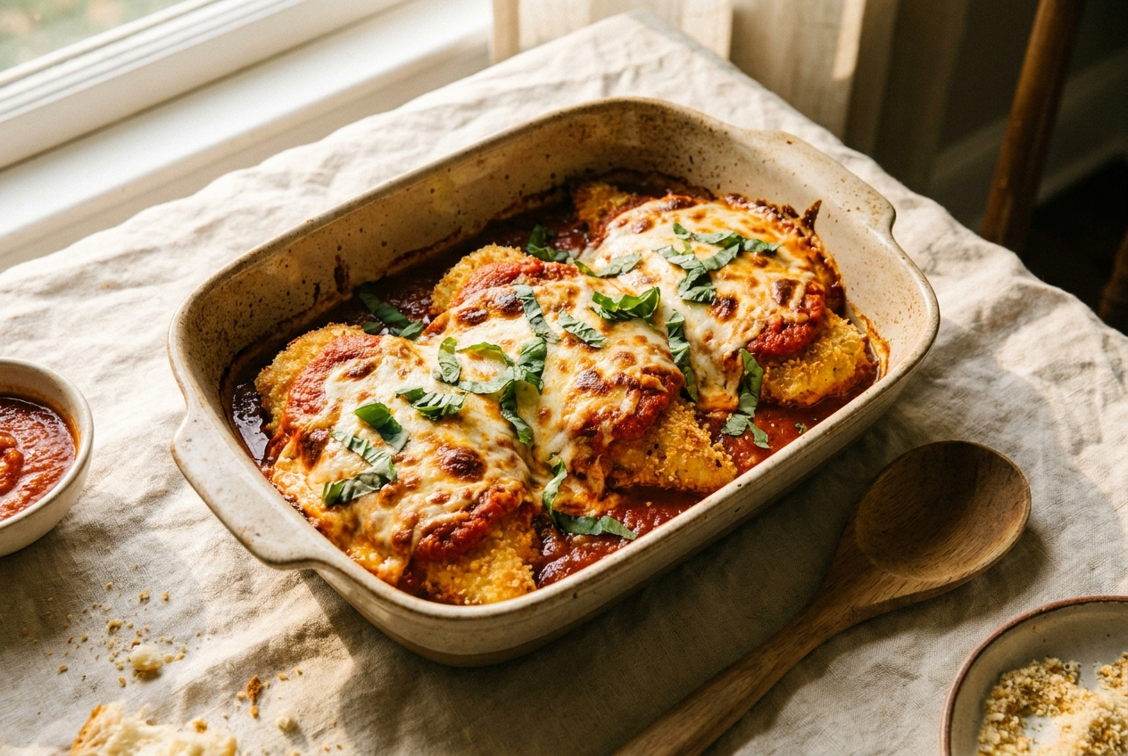 Golden baked chicken parmesan topped with melted mozzarella, marinara and basil