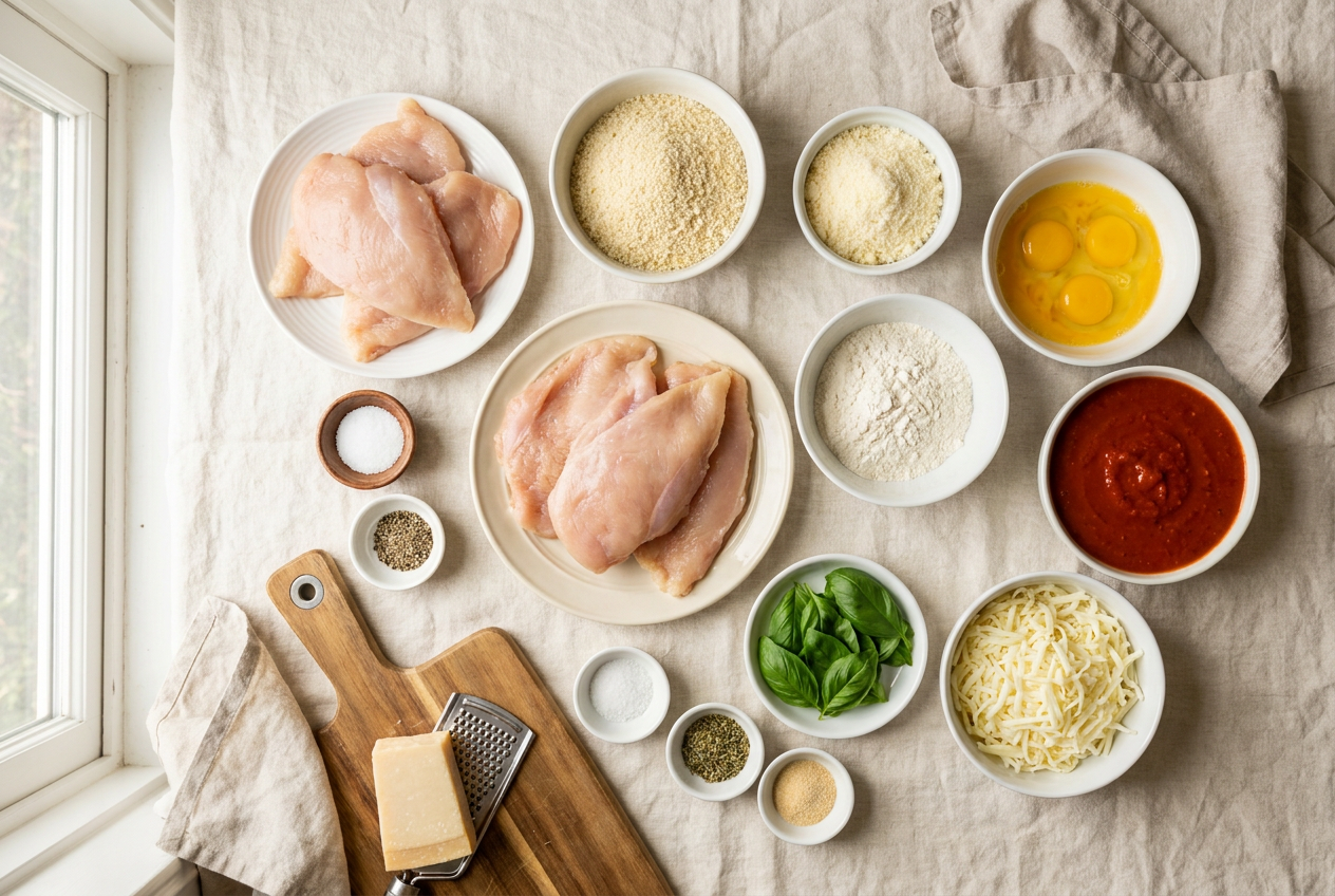 Ingredients for baked chicken parmesan portioned into small bowls: chicken cutlets, panko, parmesan, eggs, flour, marinara, mozzarella and basil