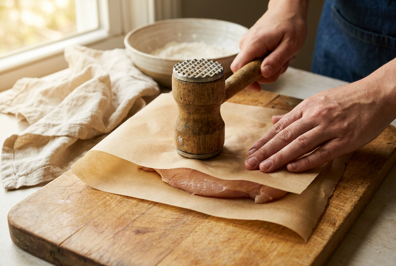 Chicken breast being pounded to an even cutlet between parchment paper