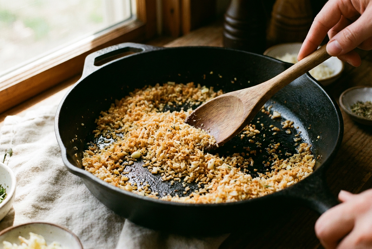 Golden toasted panko breadcrumbs being stirred in a skillet