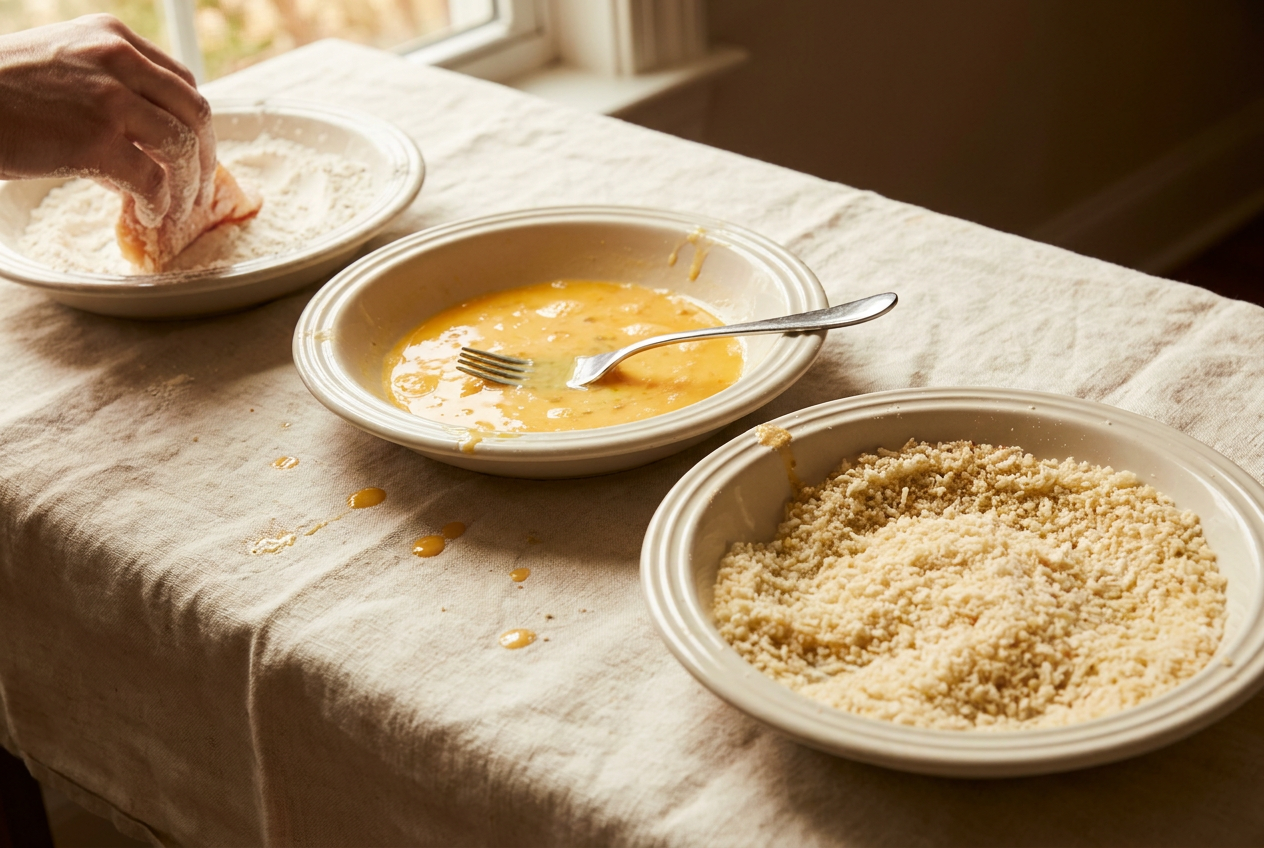 Three-dish breading station with flour, beaten egg and parmesan panko