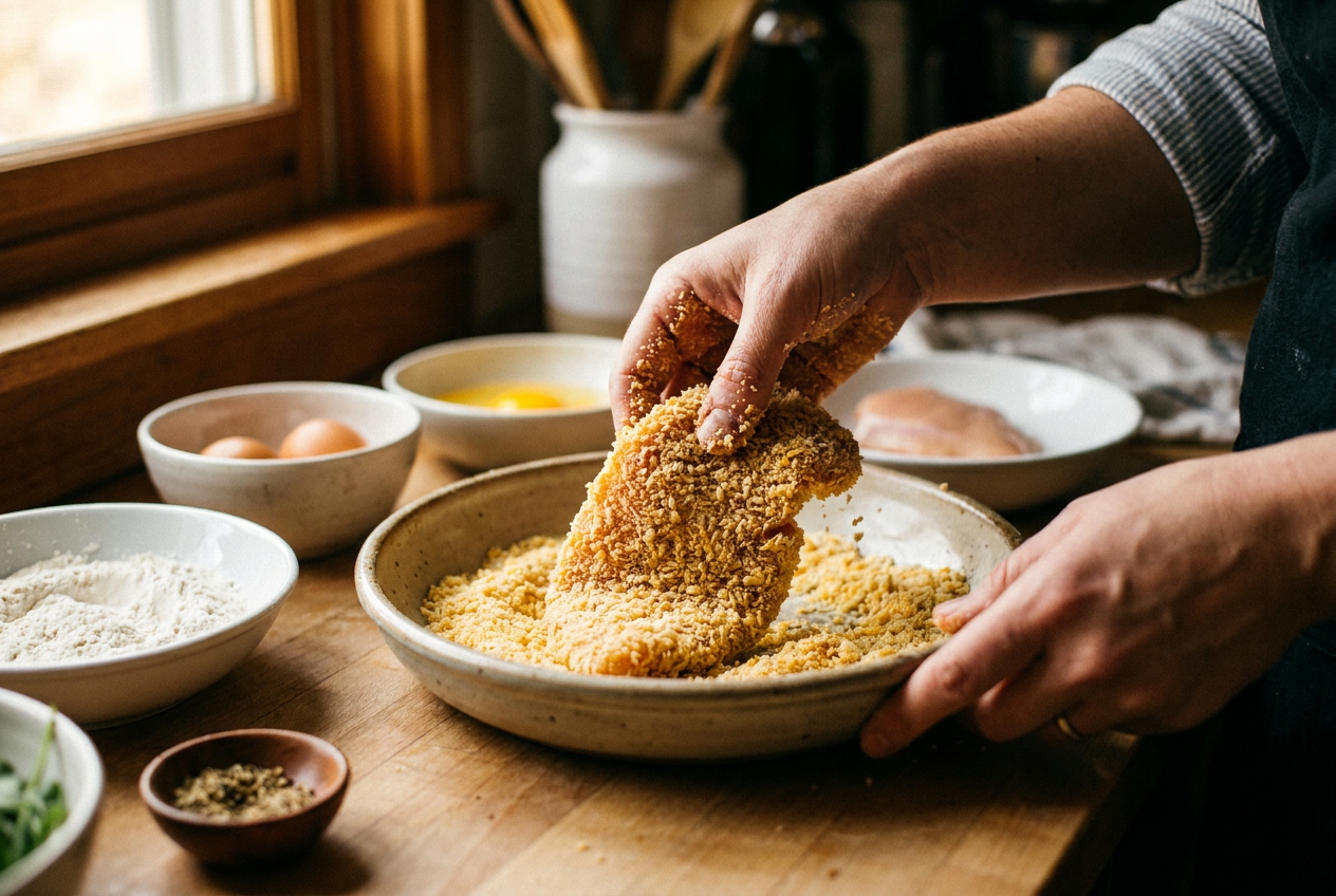 Chicken cutlet being pressed into parmesan panko coating