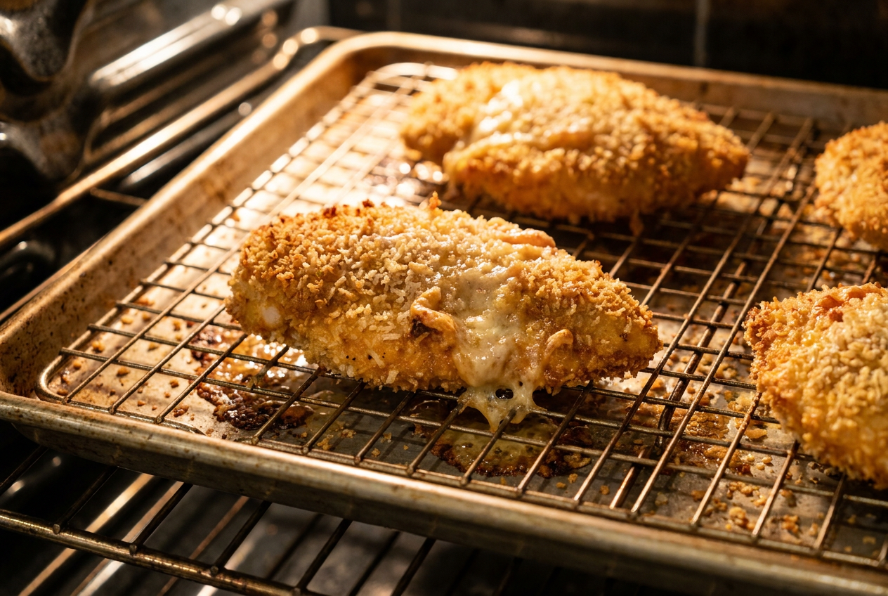 Golden breaded chicken cutlets baking on a wire rack over a sheet pan