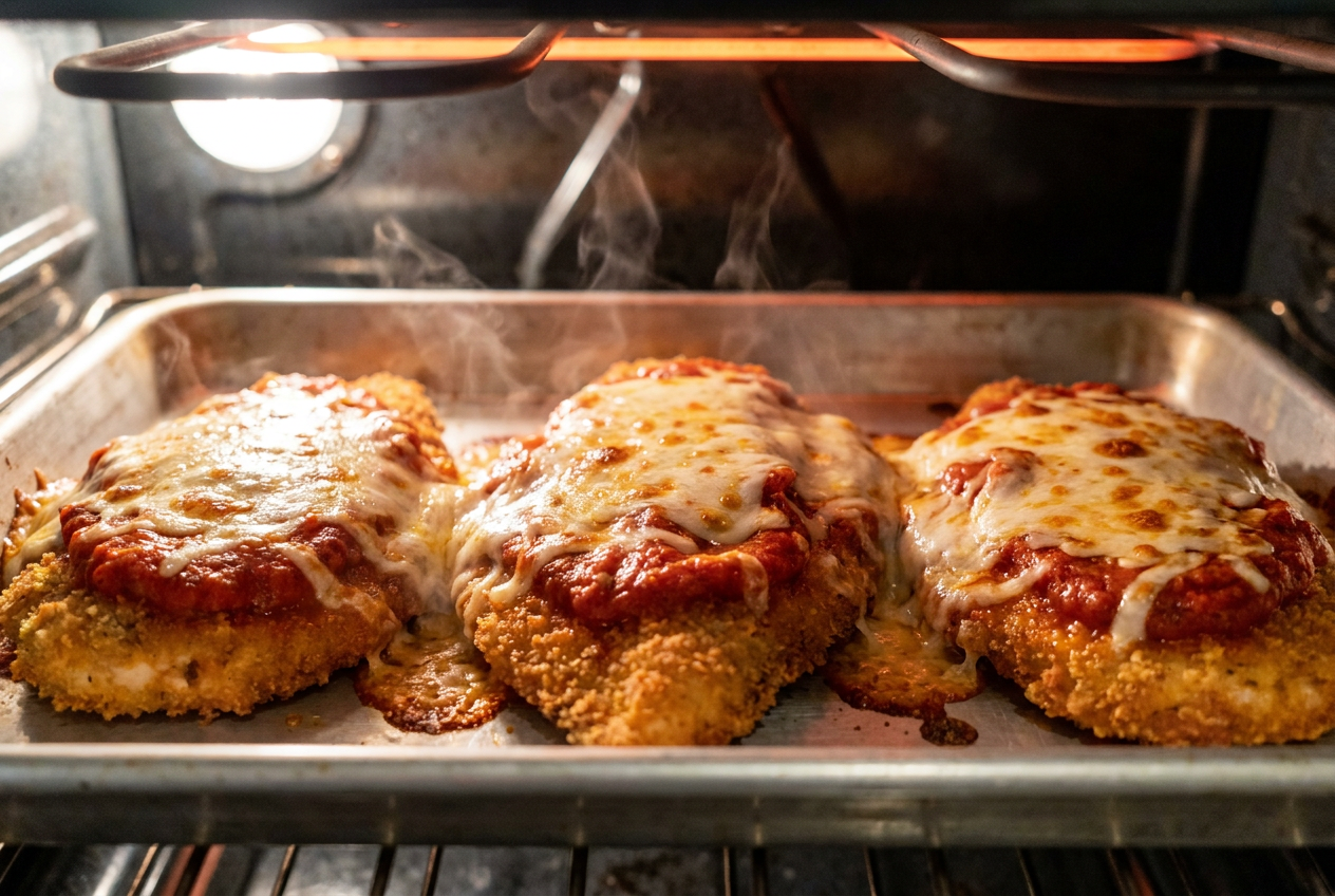 Mozzarella melting and browning over sauced chicken cutlets under the broiler