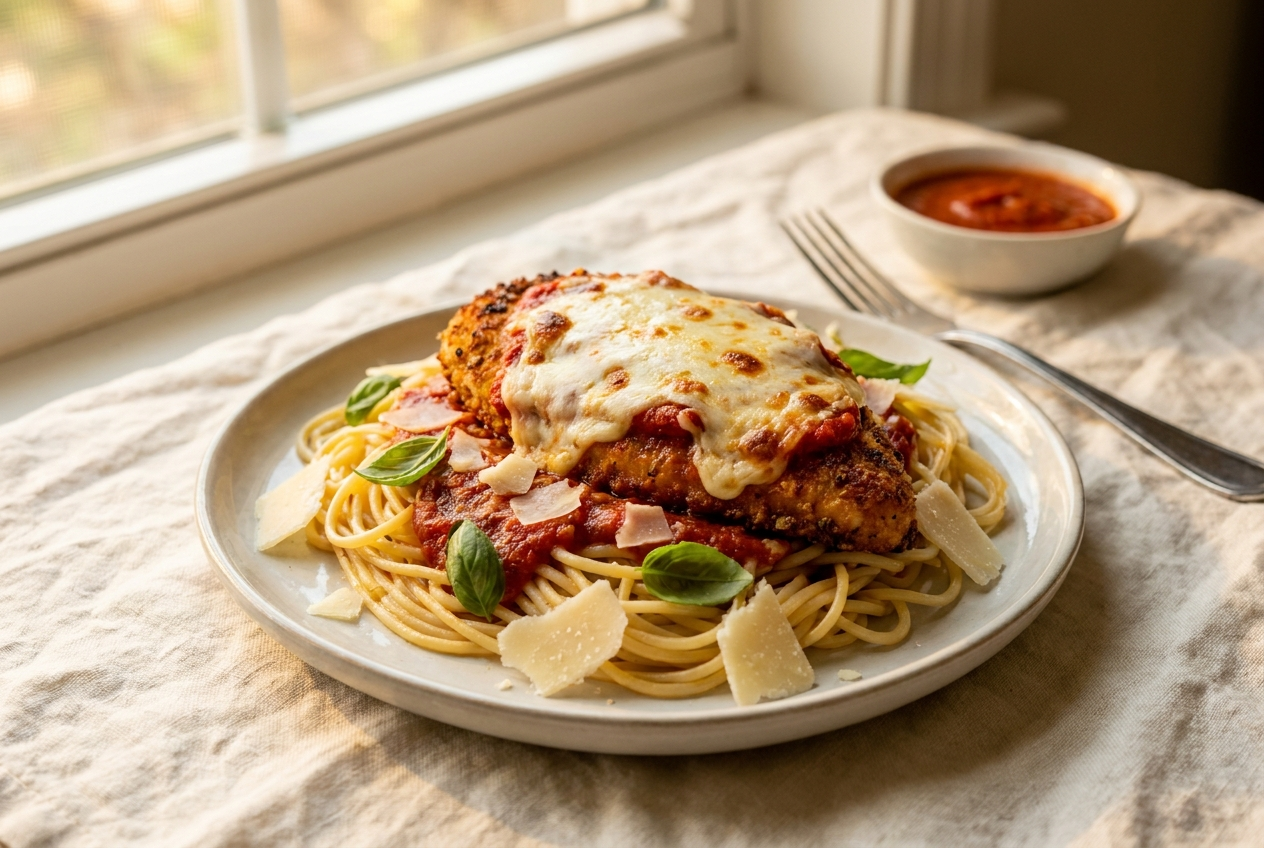 Crispy baked chicken parmesan plated over spaghetti with basil and grated parmesan