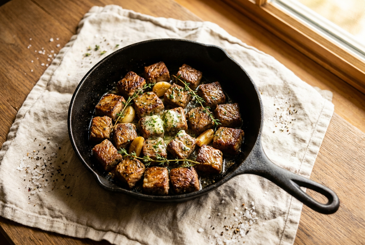 Garlic butter steak bites in a cast-iron skillet