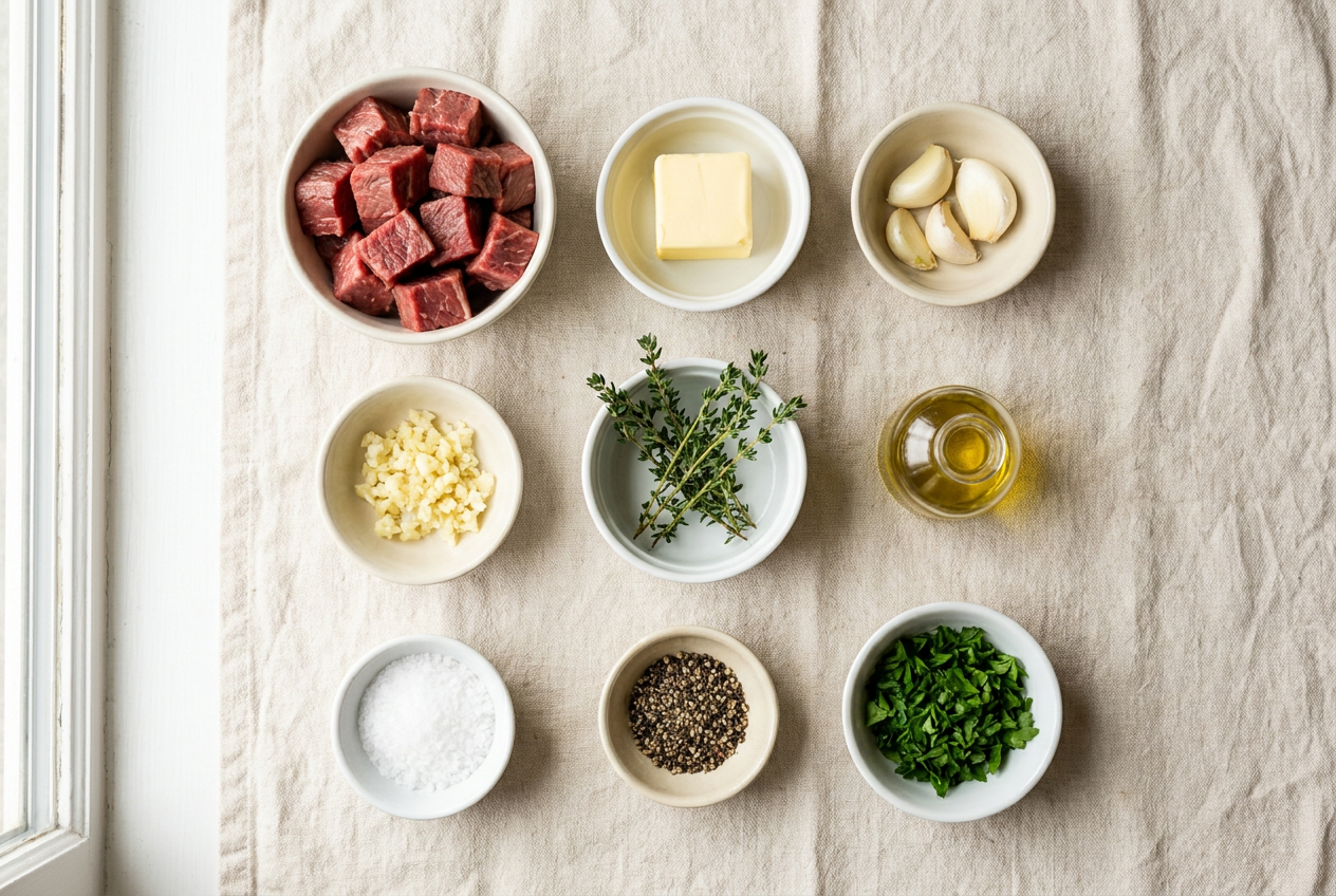 Ingredients for garlic butter steak bites portioned into small bowls: cubed sirloin, butter, garlic, thyme, olive oil and seasonings