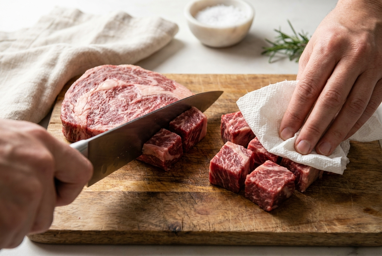 Sirloin steak being cut into cubes on a wooden board and patted dry