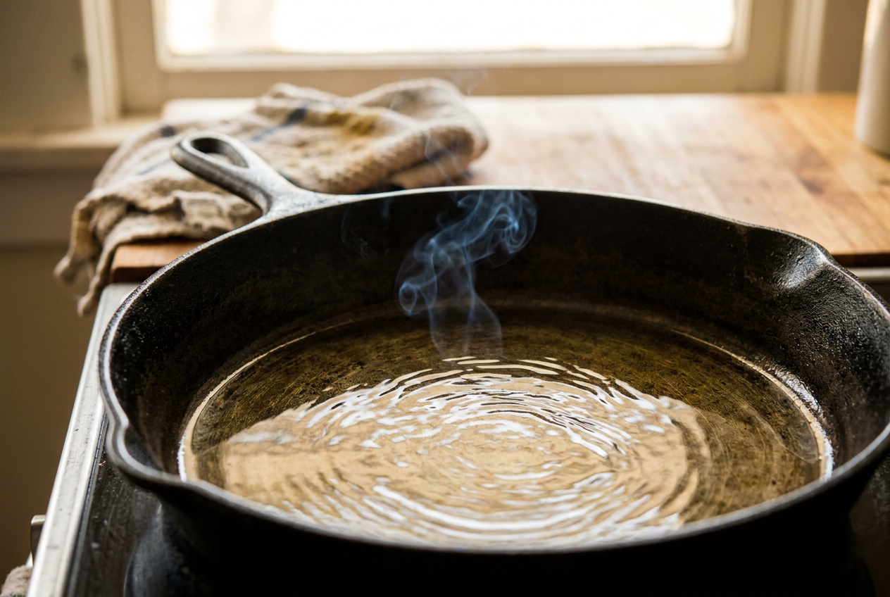 Oil shimmering in a hot cast-iron skillet