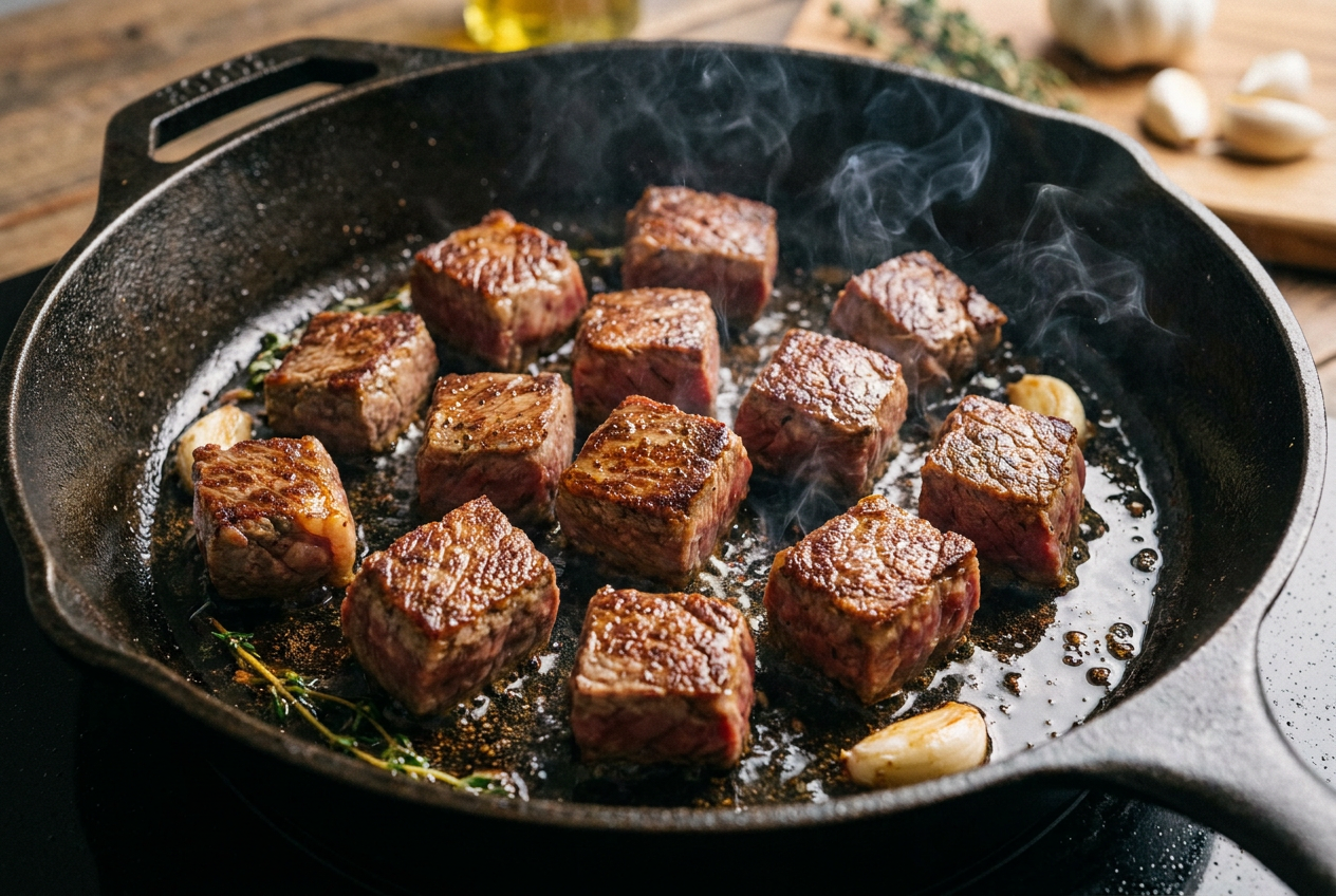Steak cubes searing in a single layer in a cast-iron skillet with deep golden crust