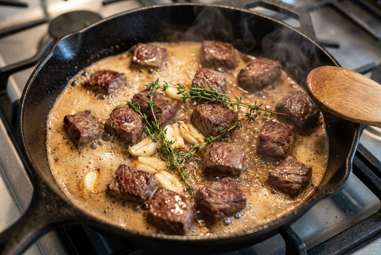 Butter, smashed garlic and thyme foaming in a skillet with seared steak bites