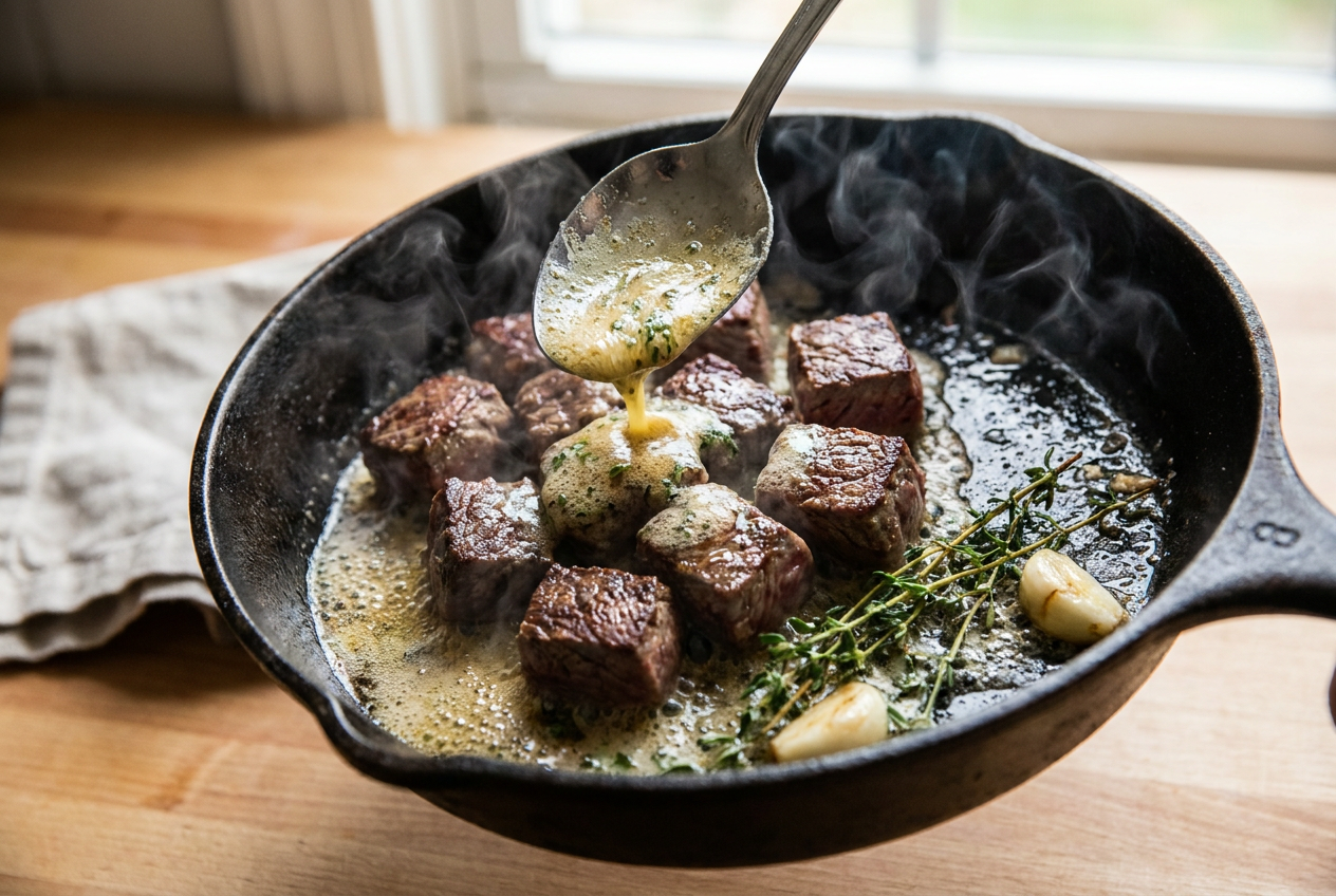 Spoon basting golden garlic herb butter over steak bites in a tilted skillet