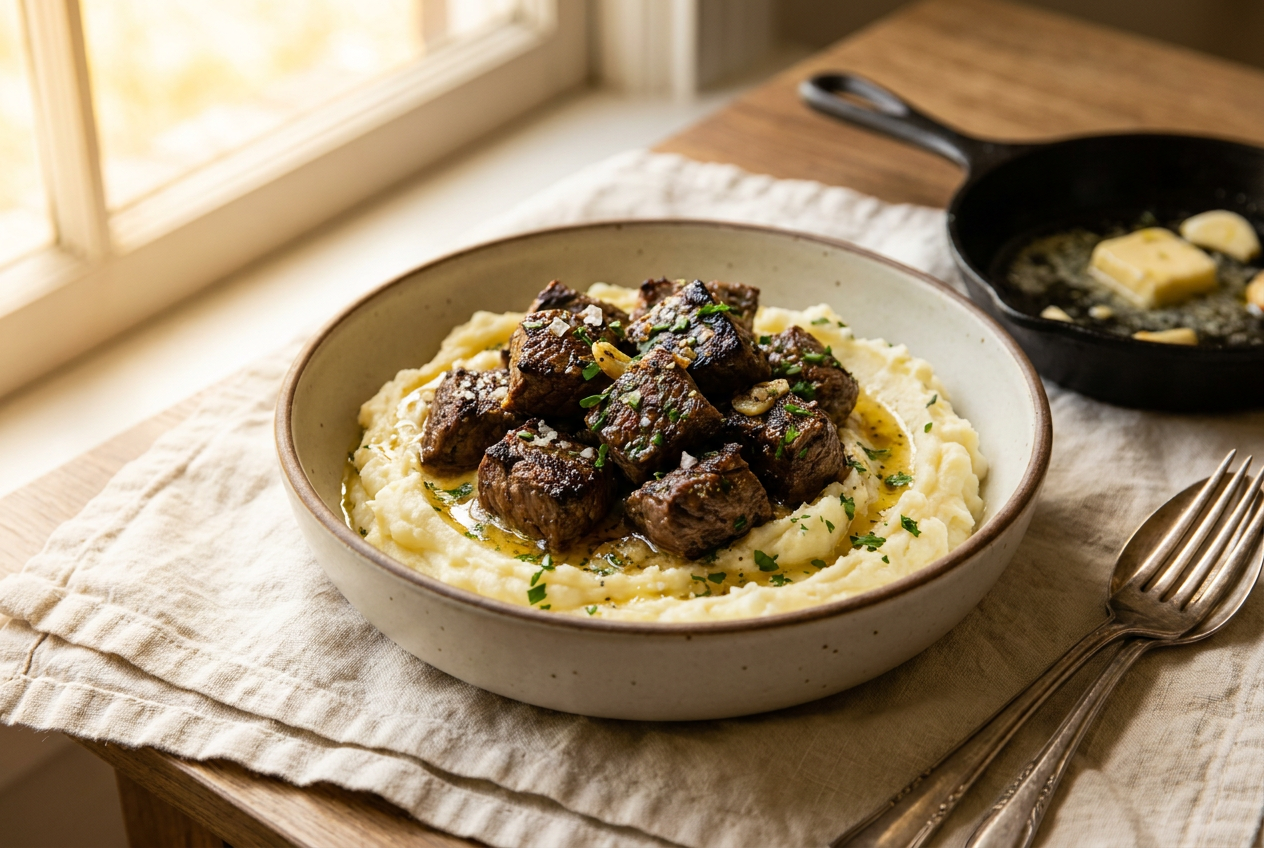 Garlic butter steak bites plated over creamy mashed potatoes with pan butter and parsley