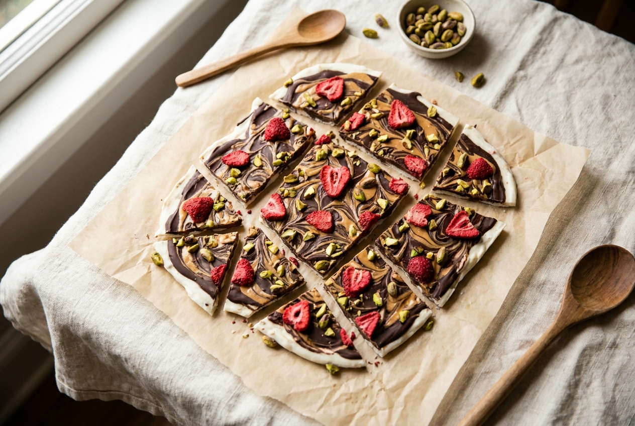 Greek yogurt chocolate bark shards with chocolate swirls and freeze-dried strawberries