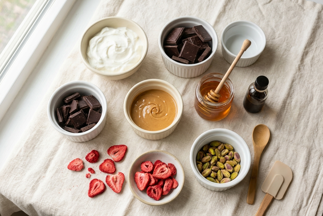 Ingredients for Greek yogurt bark portioned into small bowls: Greek yogurt, dark chocolate, peanut butter, honey, vanilla, freeze-dried strawberries and pistachios