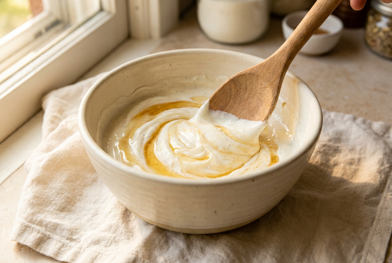 Vanilla honey Greek yogurt being stirred smooth in a bowl