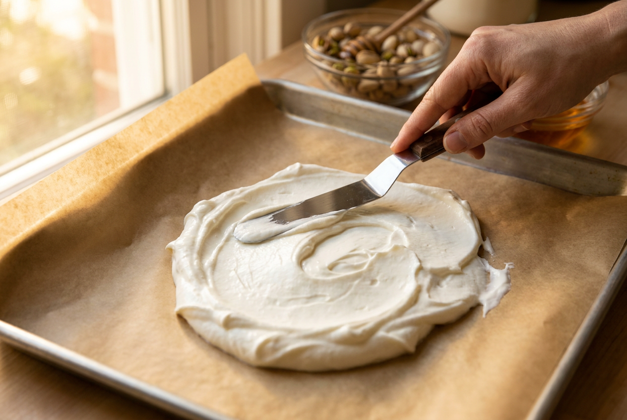 Greek yogurt being spread into an even layer on a parchment-lined sheet pan