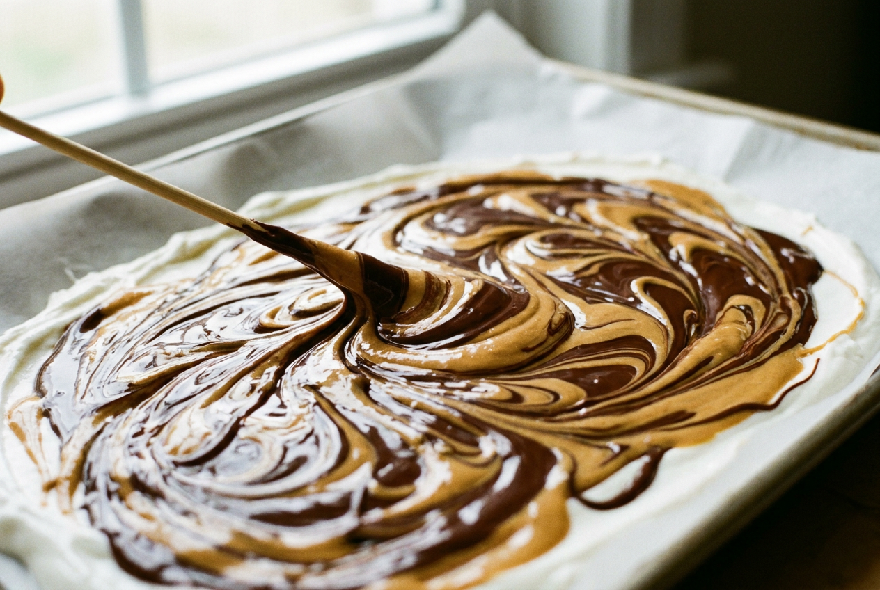Melted dark chocolate and peanut butter being swirled through the yogurt layer