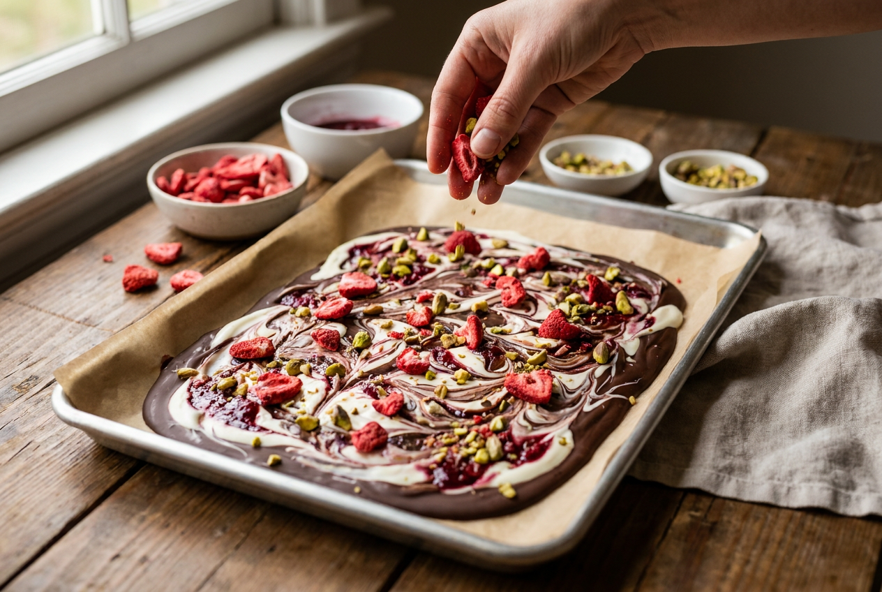 Freeze-dried strawberries and pistachios being scattered over swirled yogurt bark