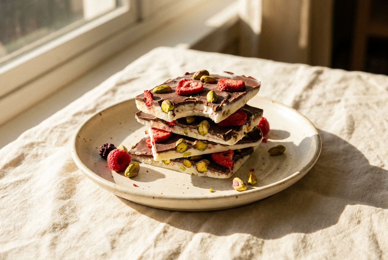 Shards of Greek yogurt chocolate bark stacked on a plate with a bite taken from one piece
