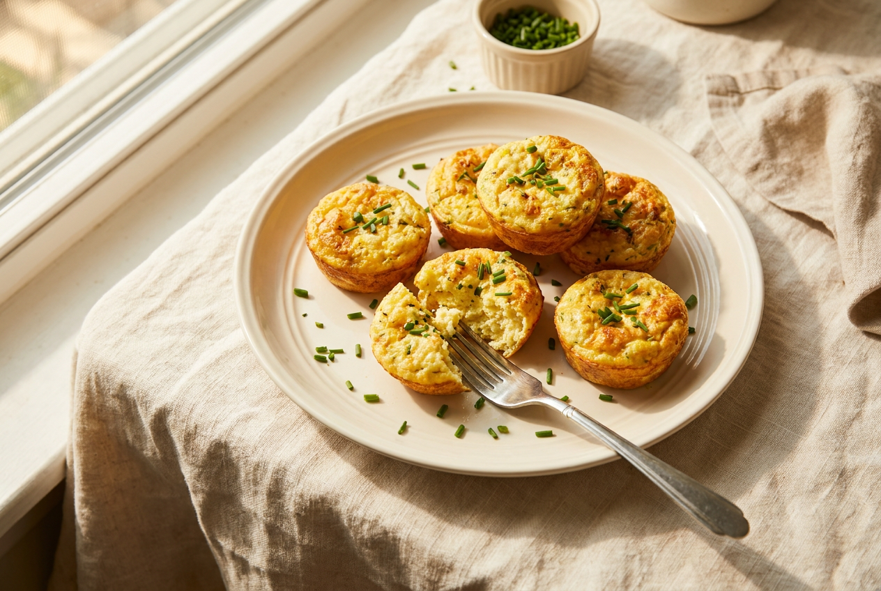 Golden cottage cheese egg bites with fresh chives