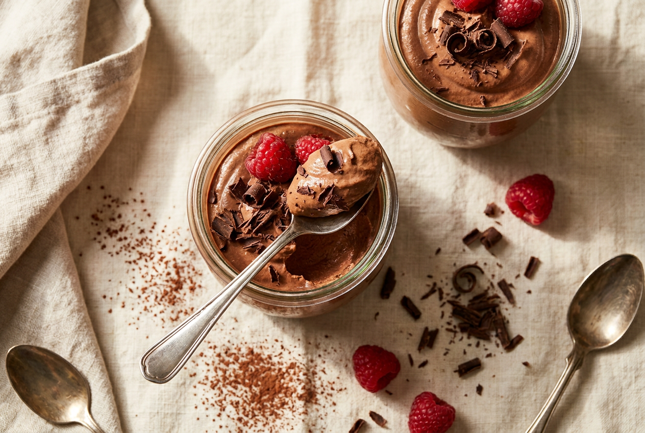 Chocolate cottage cheese mousse in glass jars with shaved chocolate
