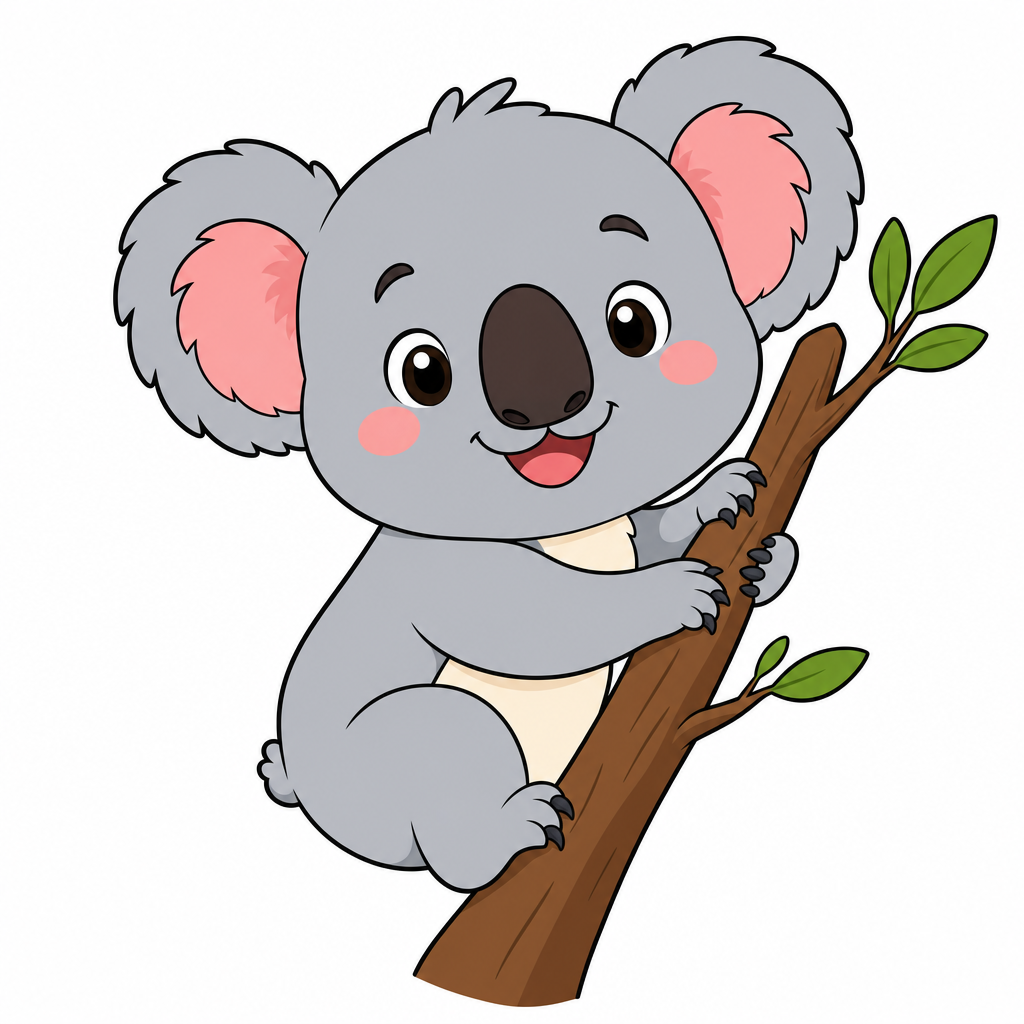 How to draw a koala step 6 — finished colored grey koala hugging a branch