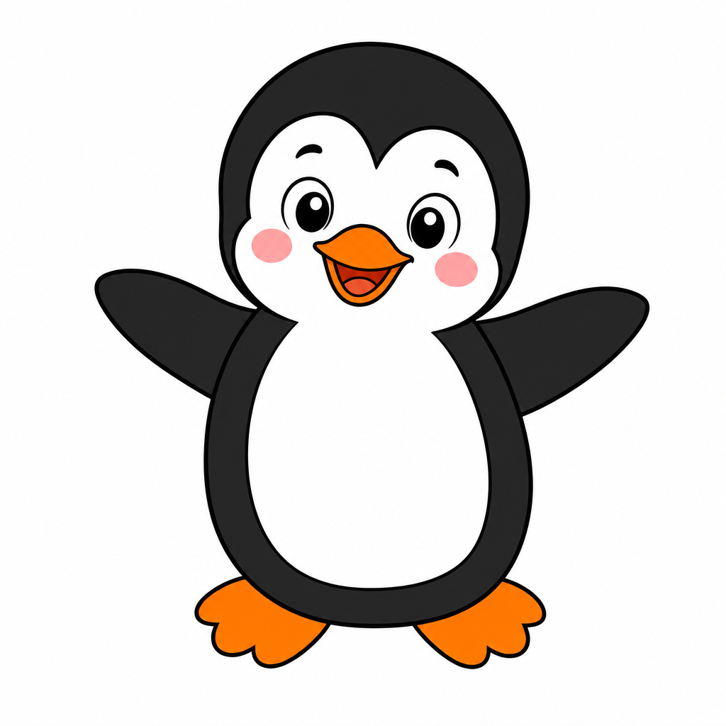 How to draw a penguin step 6 — finished colored penguin with black back, white belly, orange beak and feet