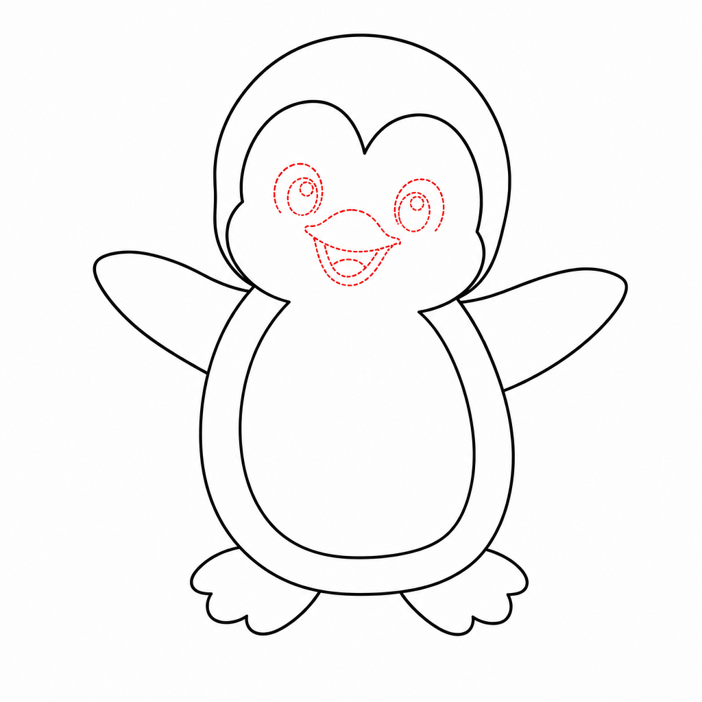 How to draw a penguin step 3 — round eyes and small triangular beak