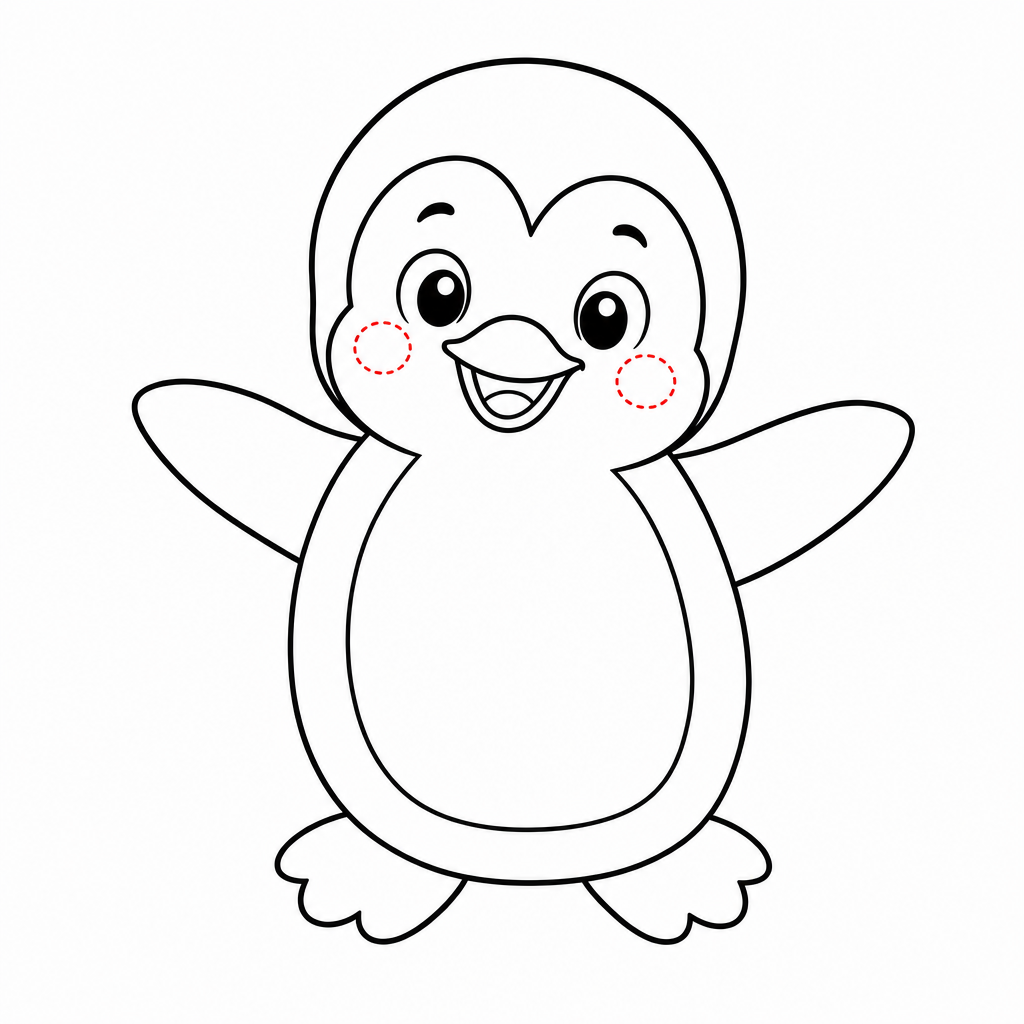 How to draw a penguin step 5 — webbed feet at the bottom and rosy cheek circles