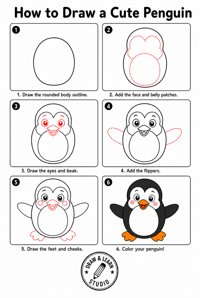 How to draw a penguin easy step by step tutorial sheet