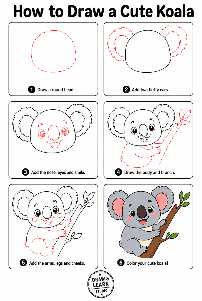 How to draw a koala easy step by step tutorial sheet