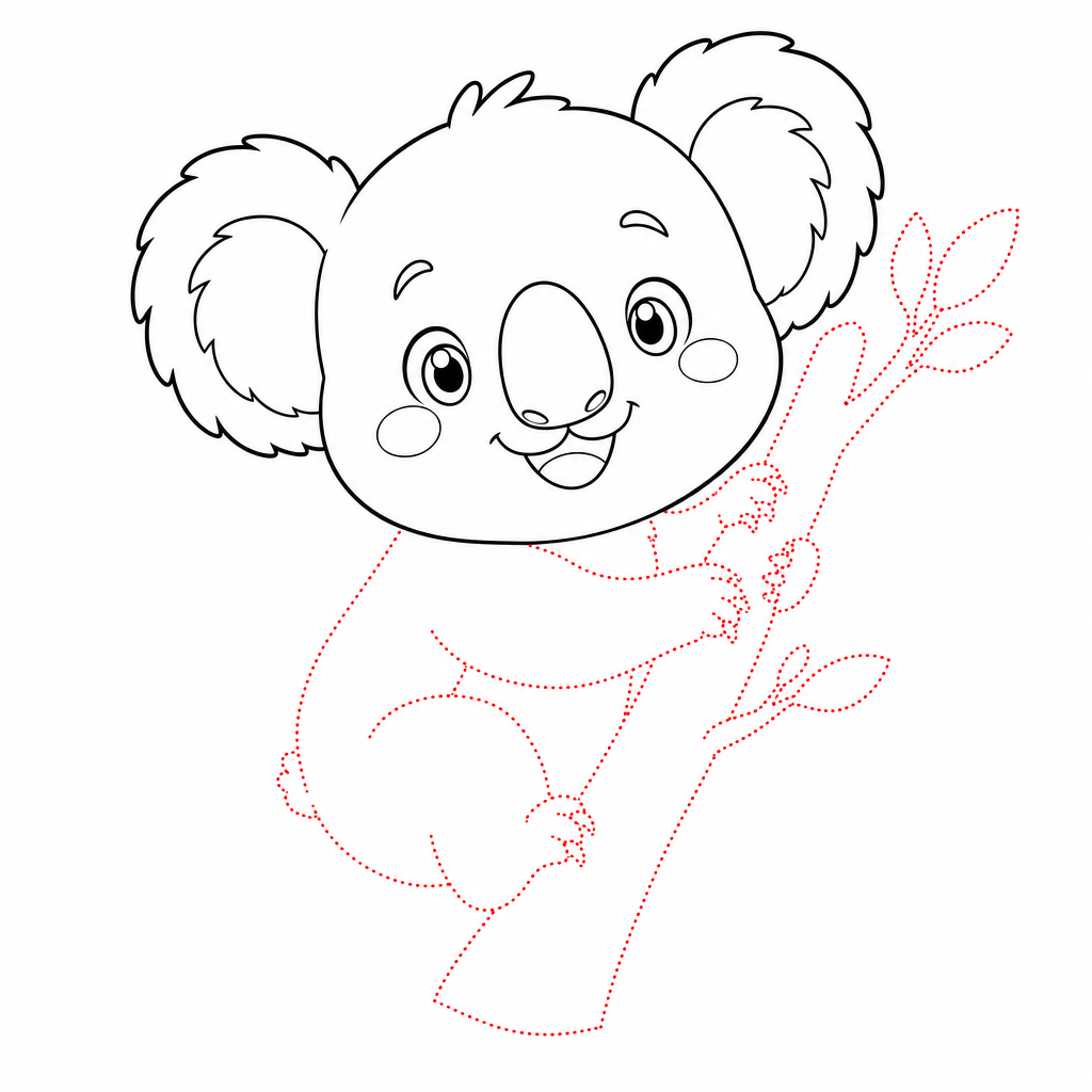 How to draw a koala step 4 — rounded body below the head and the tree branch
