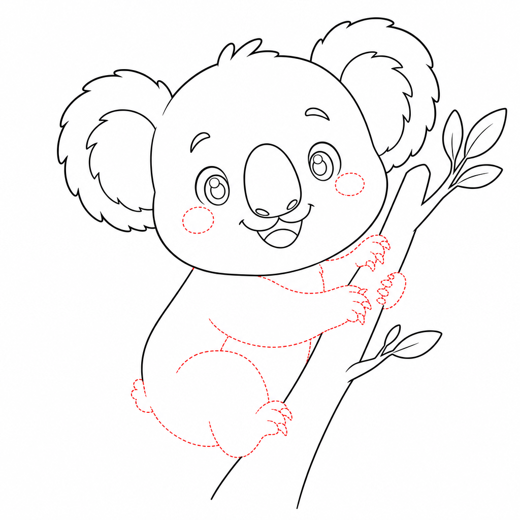 How to draw a koala step 5 — arms hugging the branch, legs and rosy cheeks