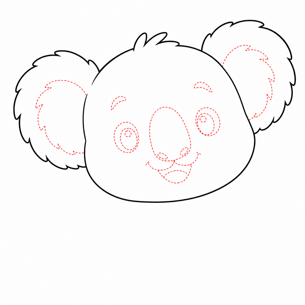 How to draw a koala step 3 — large oval nose, round eyes, small smile and inner-ear fluff
