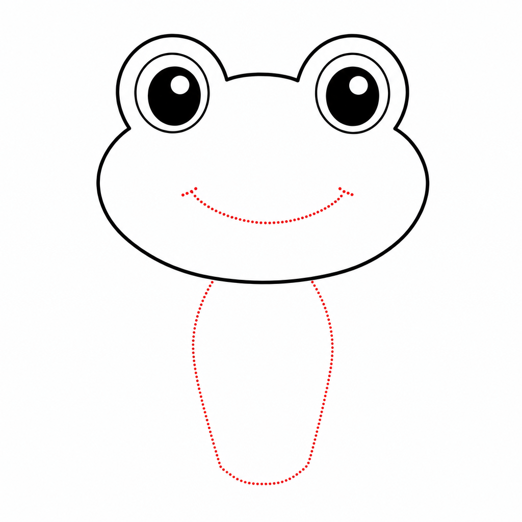 How to draw a frog step 4 โ wide curved smile and U-shaped belly line