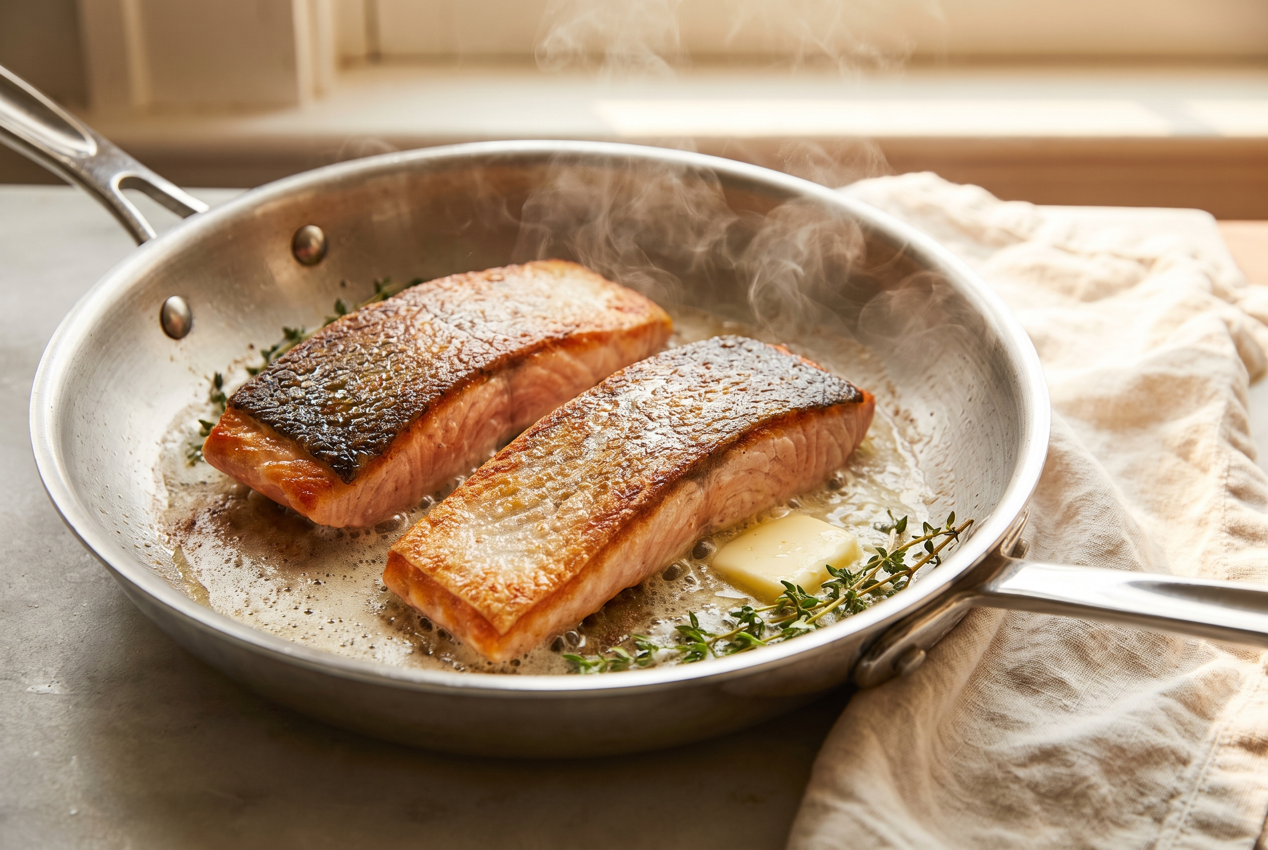 Salmon fillets searing skin-side down in a hot skillet with butter for creamy Tuscan salmon