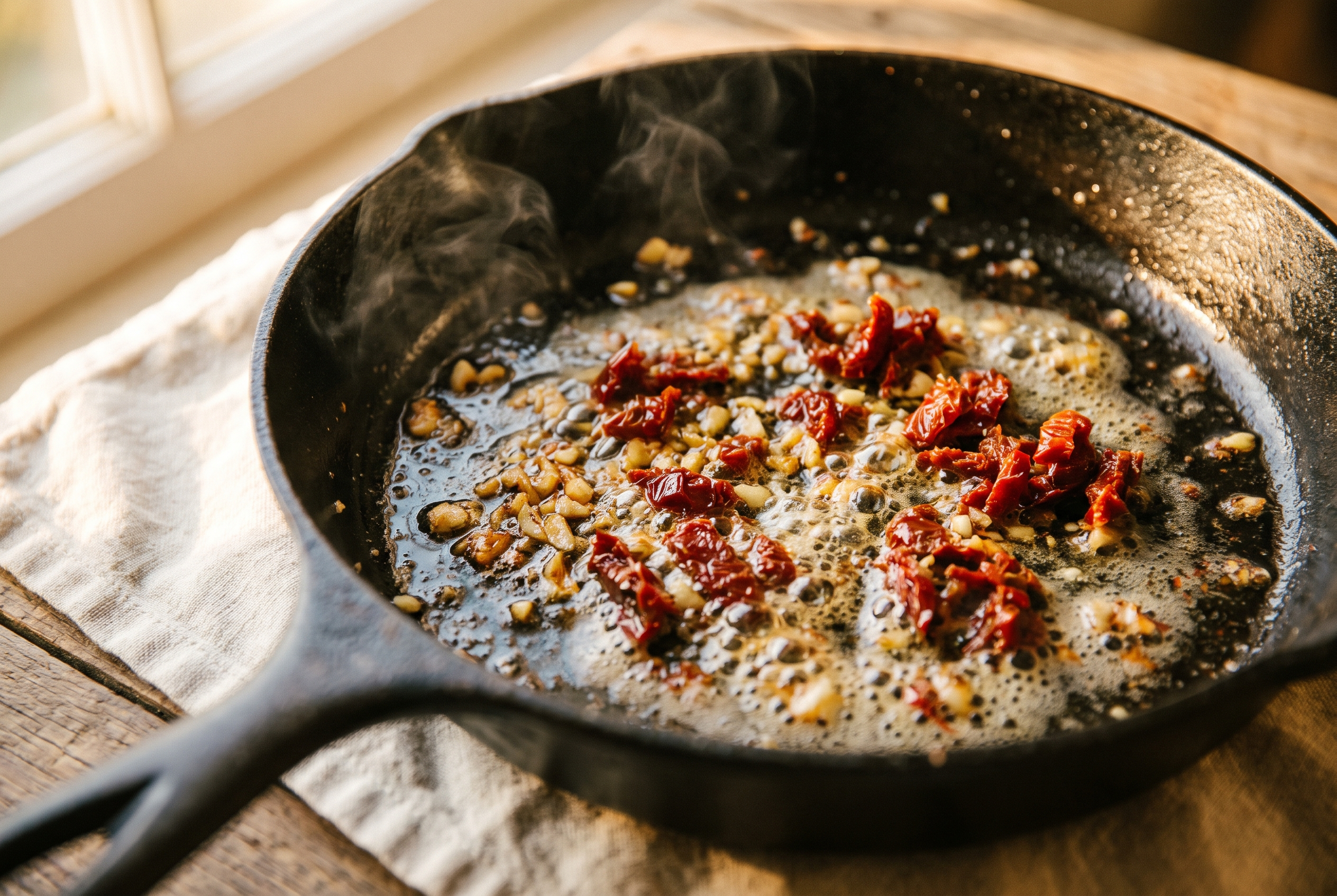 Minced garlic and chopped sun-dried tomatoes sizzling in butter in a skillet