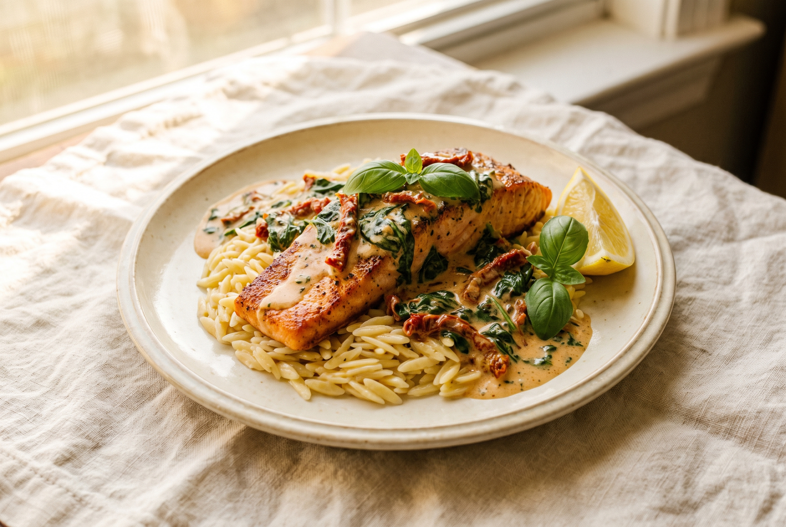 Creamy Tuscan salmon plated over buttered orzo with sauce spooned over, spinach, sun-dried tomatoes and a lemon wedge