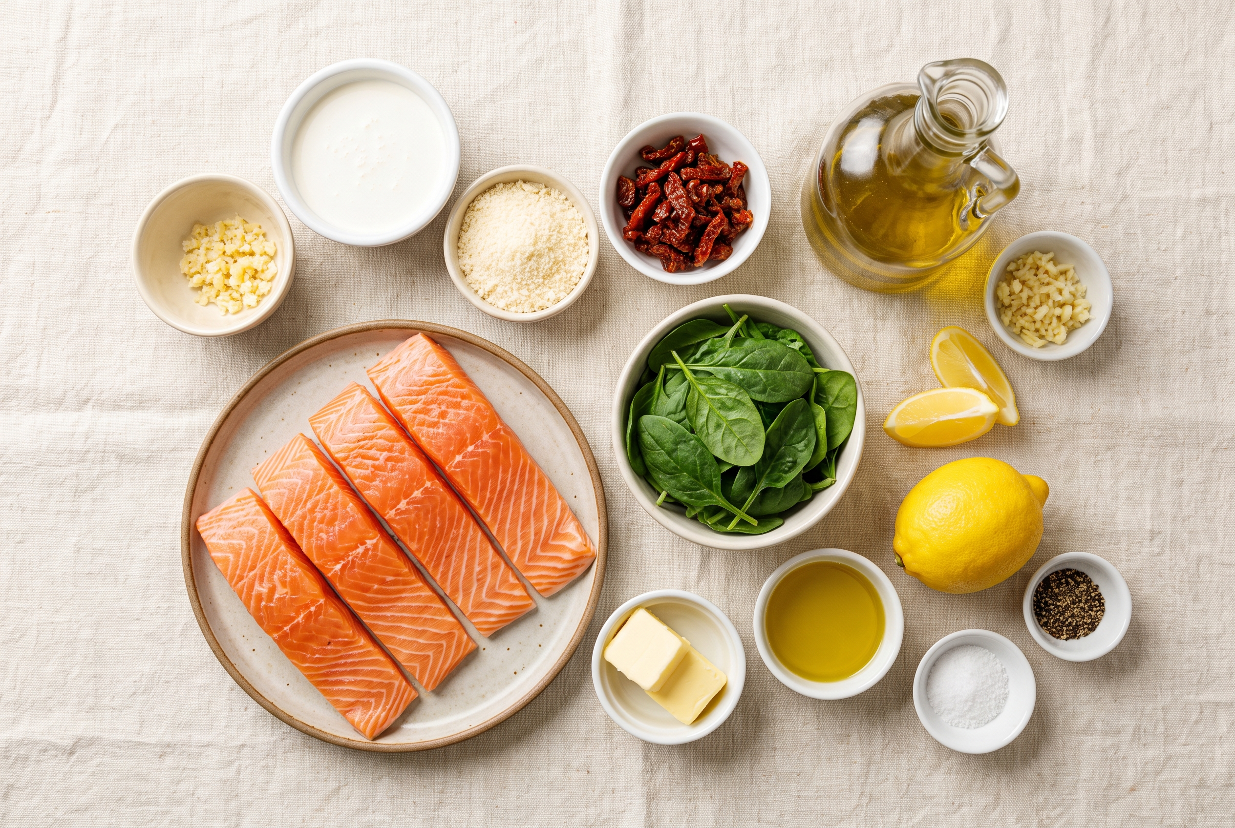 Ingredients for creamy Tuscan salmon portioned into small bowls — salmon fillets, heavy cream, parmesan, sun-dried tomatoes, baby spinach, garlic, butter, olive oil and lemon