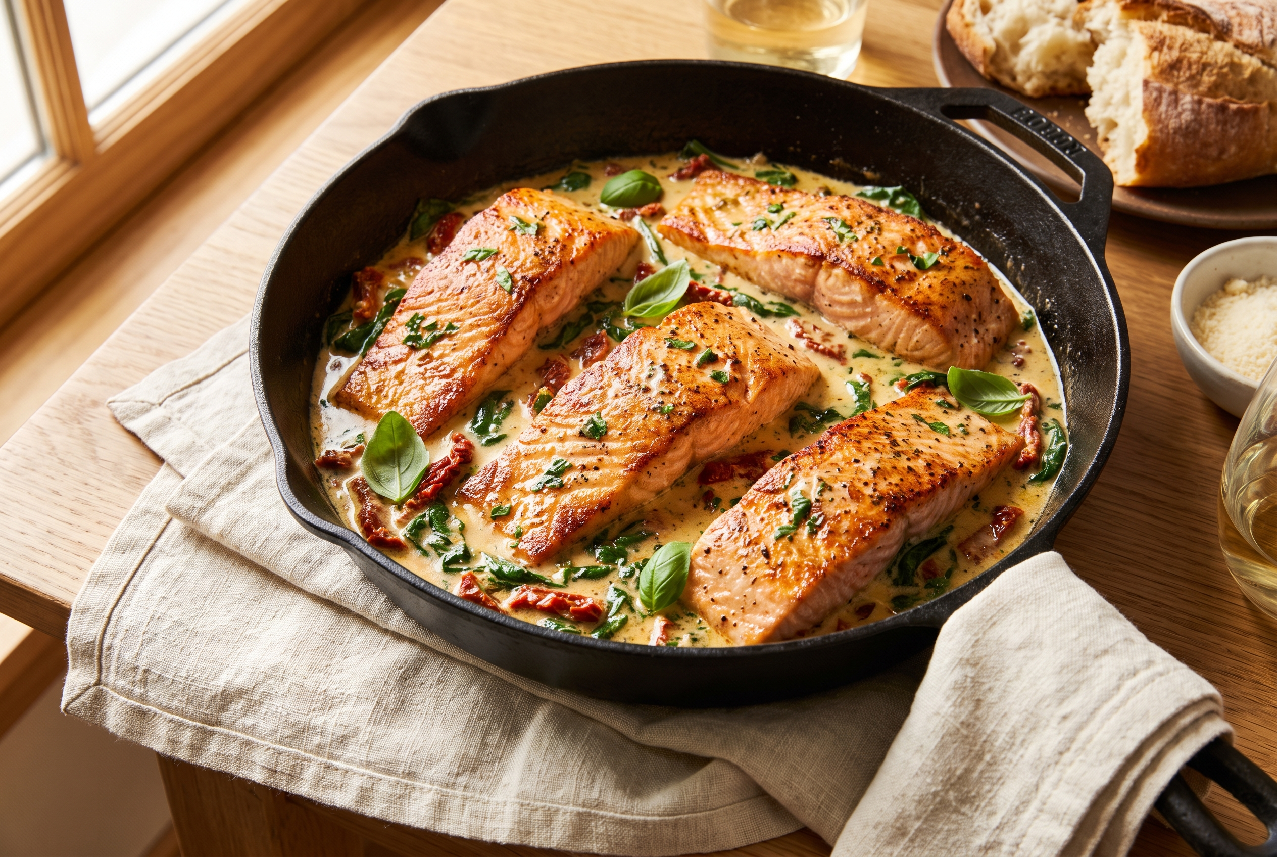 Creamy Tuscan salmon — seared salmon fillets in a garlic parmesan cream sauce with sun-dried tomatoes and spinach in a skillet, an easy 30-minute high protein dinner